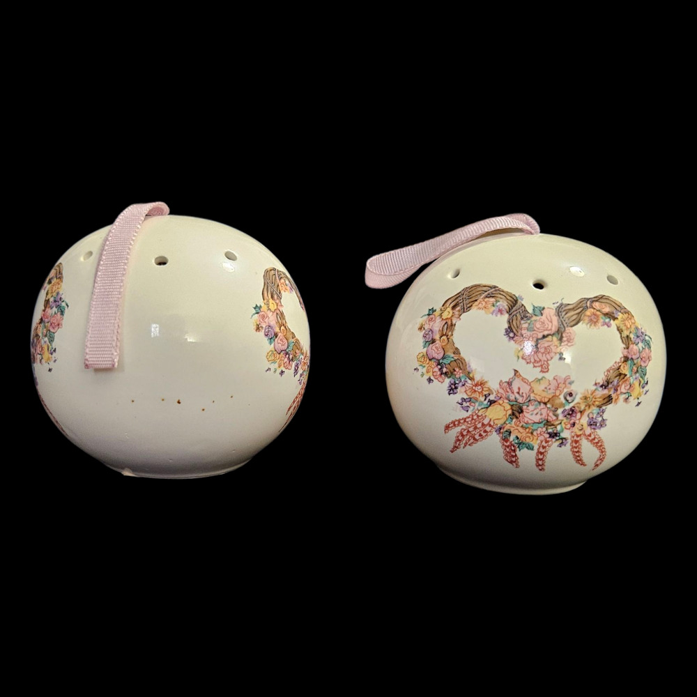 Vintage Taiwan Porcelain Pomander Pair Floral Heart Design Pink Ribbon